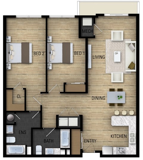 Floor plan for 2 beds, 2 baths, 1112 sqft